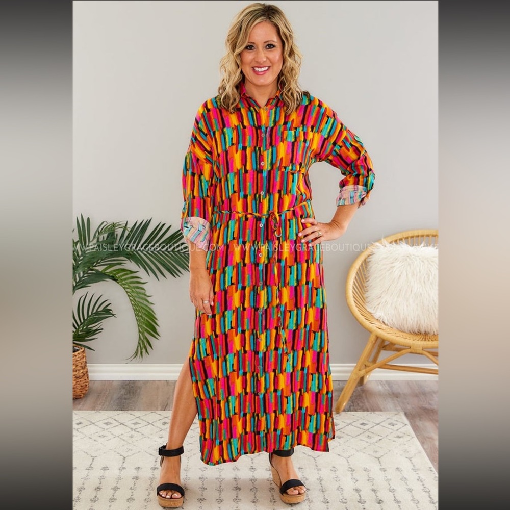 💕NWT Savanna Jane Bright Rainbow Aztec Maxi Shirtdress